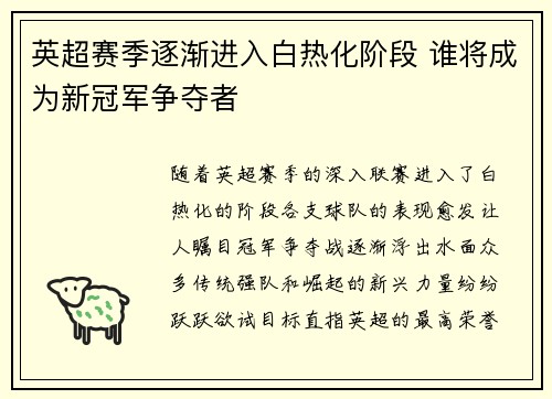 英超赛季逐渐进入白热化阶段 谁将成为新冠军争夺者