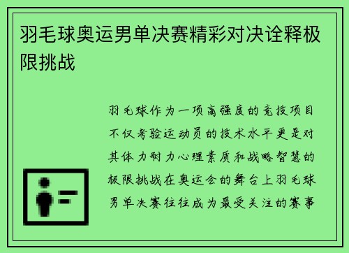 羽毛球奥运男单决赛精彩对决诠释极限挑战