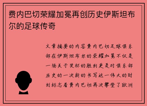 费内巴切荣耀加冕再创历史伊斯坦布尔的足球传奇