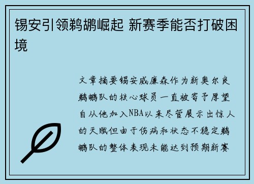 锡安引领鹈鹕崛起 新赛季能否打破困境
