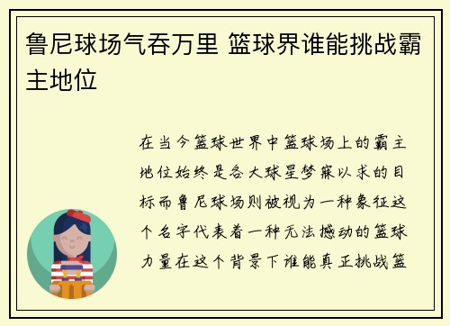 鲁尼球场气吞万里 篮球界谁能挑战霸主地位